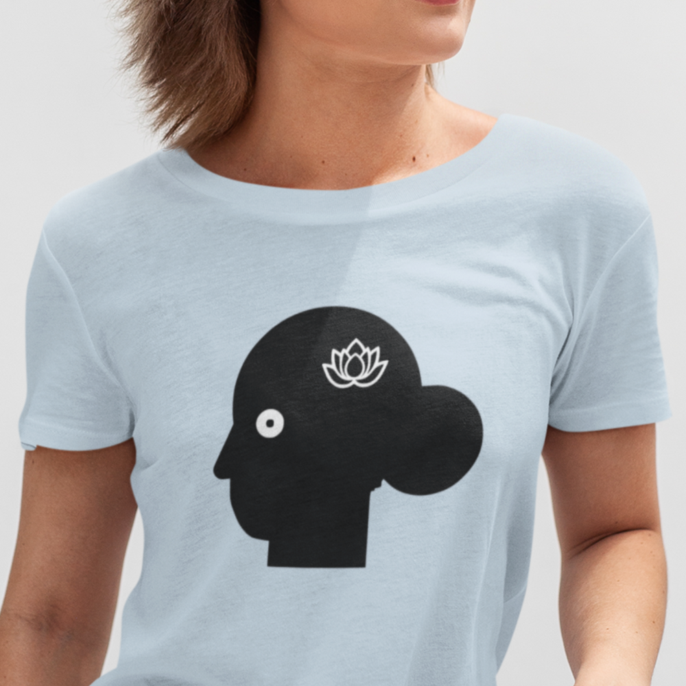 woman with lotus flower on shirt expressing love