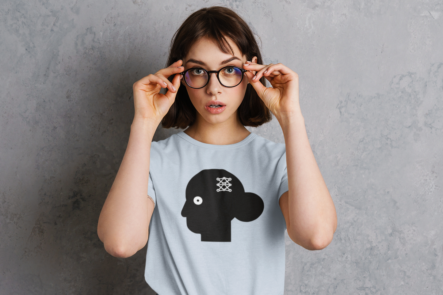 woman with neural network on shirt expressing love