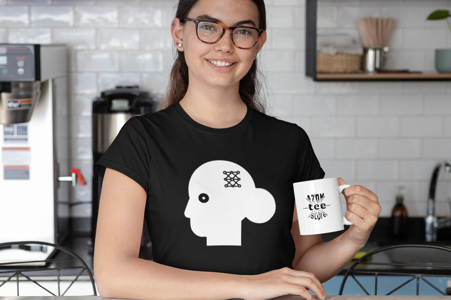 woman wearing a neural network-themed shirt with love"